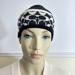 COACH metallic black & cream wool beanie hat